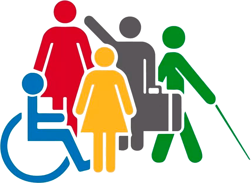 A imagem possui desenhos em formato de silhuetas de bonecos, com diferentes cores, cada um representando uma deficiência.