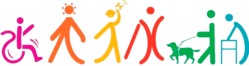 A imagem possui desenhos em formato de silhuetas de bonecos, com diferentes cores, cada um representando uma deficiência