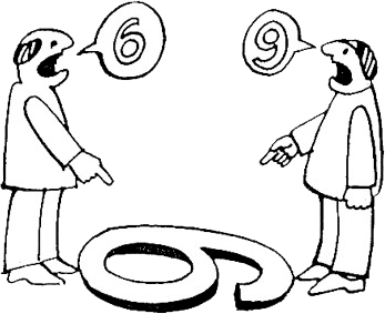 a imagem possui dois homens em formato de desenho, frente a frente, olhando para o número 9 ou 6, que está ao centro dos dois, cada um com sua interpretação, de acordo com a posição da imagem, o primeiro homem vê o número 6 e o segundo vê o número 9