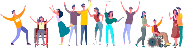 A a imagem possui um grupo de pessoas com deficiência em formato de desenho, cada um representando uma deficiência, demonstrando alegria