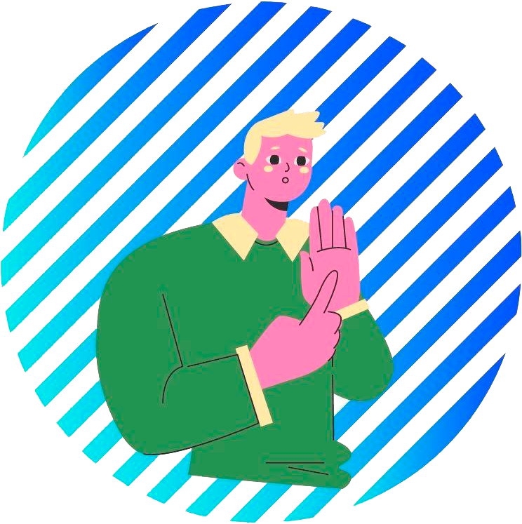a imagem, em formato de desenho, possui um homem com deficiência auditiva, ele faz um gesto em LIBRAS apontando a palma da mão, fundo listrado de azul e branco, formato de cÃrculo.