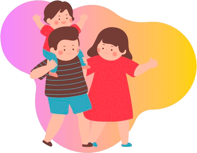 a imagem está em formato de desenho e representa uma famÃlia de três pessoas, a mãe, o pai e o filho que está sobre os ombros do pai. Ao fundo está um degradê de cores, lilás e laranja.