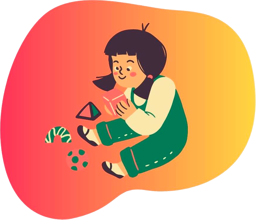 A imagem mostra uma menina sentada no chão, ela está brincando com alguns brinquedos, ao fundo as cores vermelho, laranja e amarelo