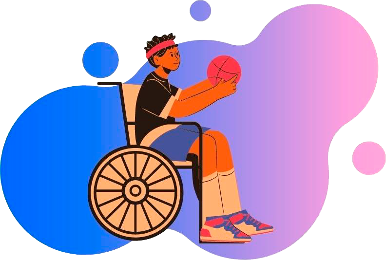 a imagem possui um fundo em tons de azul e lilás, mostra um menino na cadeira de rodas arremessando uma bola de basquete